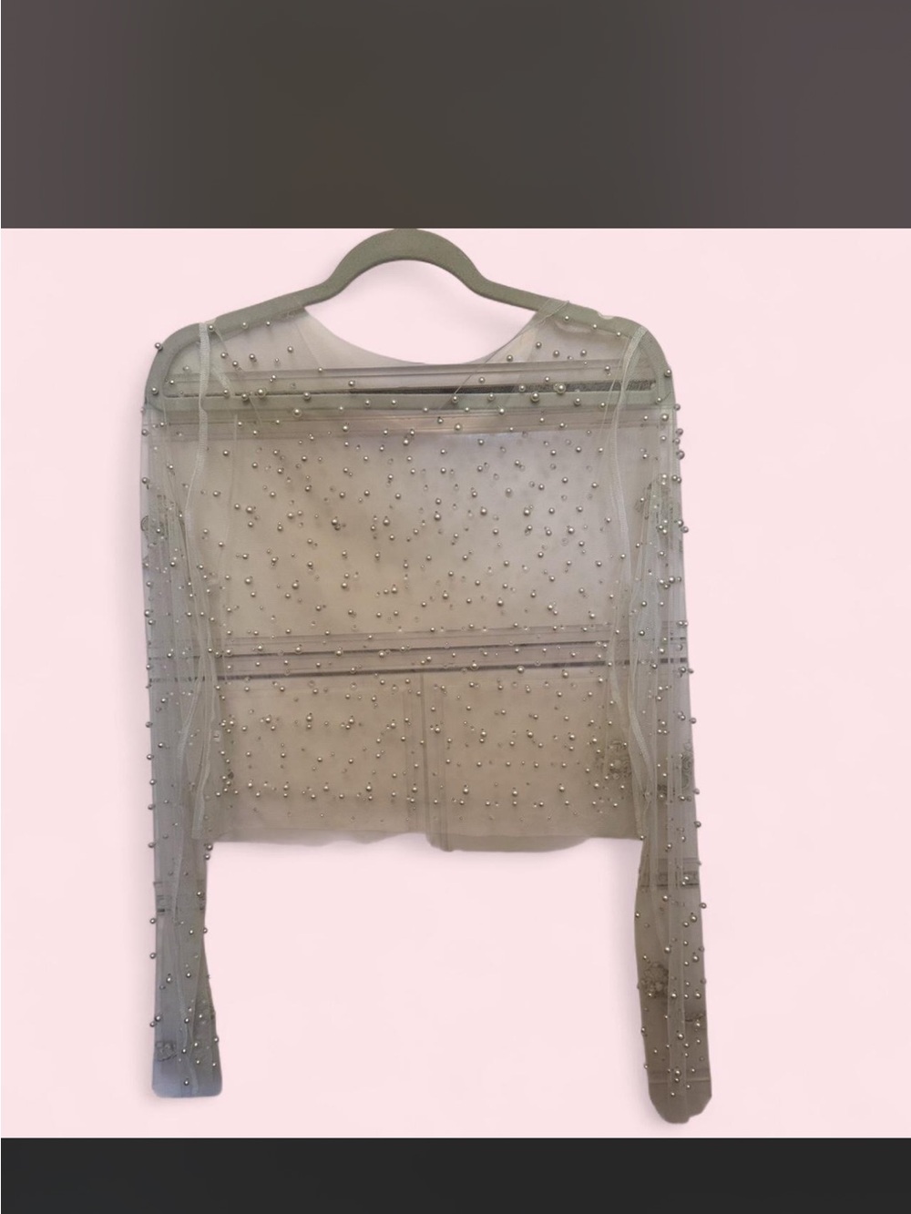 Sheer Pearl-Embellished Long Sleeve Top - Light Beige